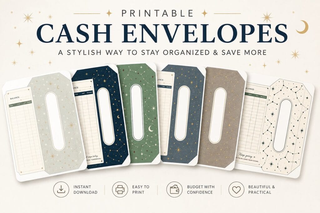 Printed Soanova cash stuffing envelopes labelled groceries, dining out, gas and fun