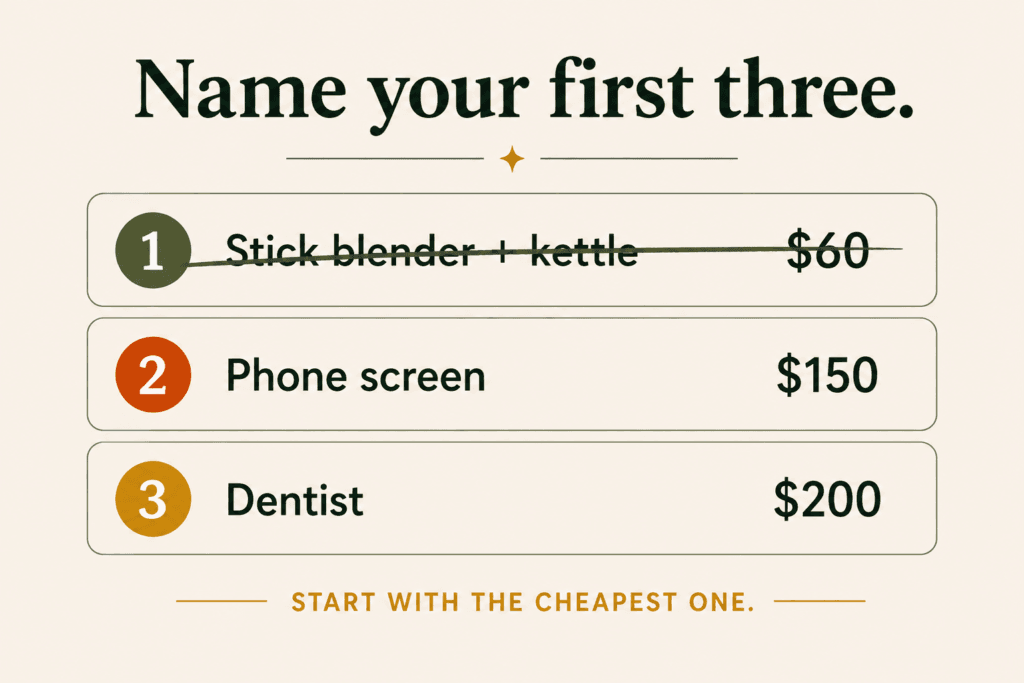 A three item emergency fund shortlist with the cheapest item crossed off