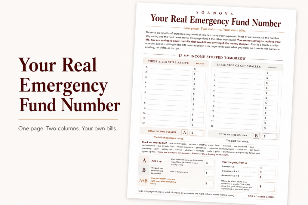 Your Real Emergency Fund Number printable worksheet on a table with a pen