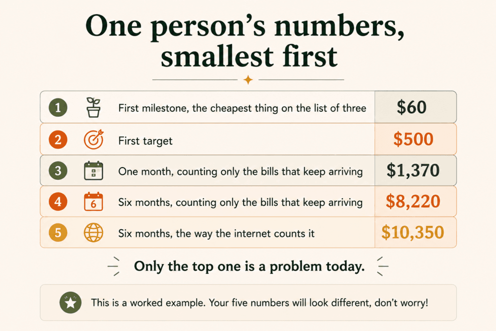 Five emergency fund numbers for one person, from a $60 first milestone to a $10,350 six month target